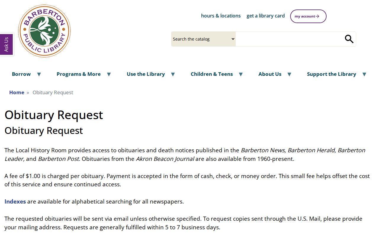 Barberton previous residents library obituary request service